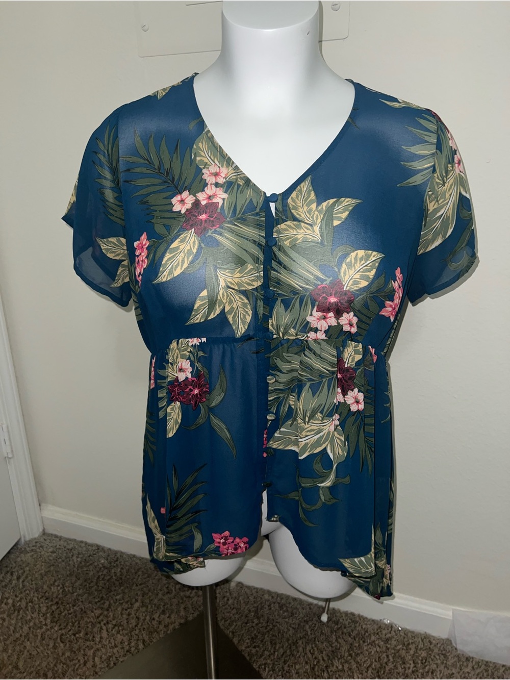 Torrid Sheer Teal Floral V-Neck Button-Front Blouse